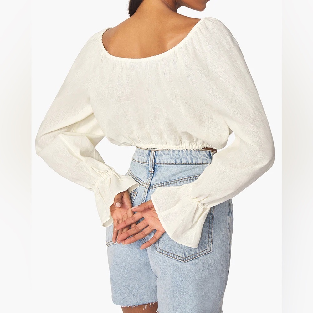 NWT WeWoreWhat On/Off Shoulder Tie Front Linen Blend Top - Picture 4 of 6
